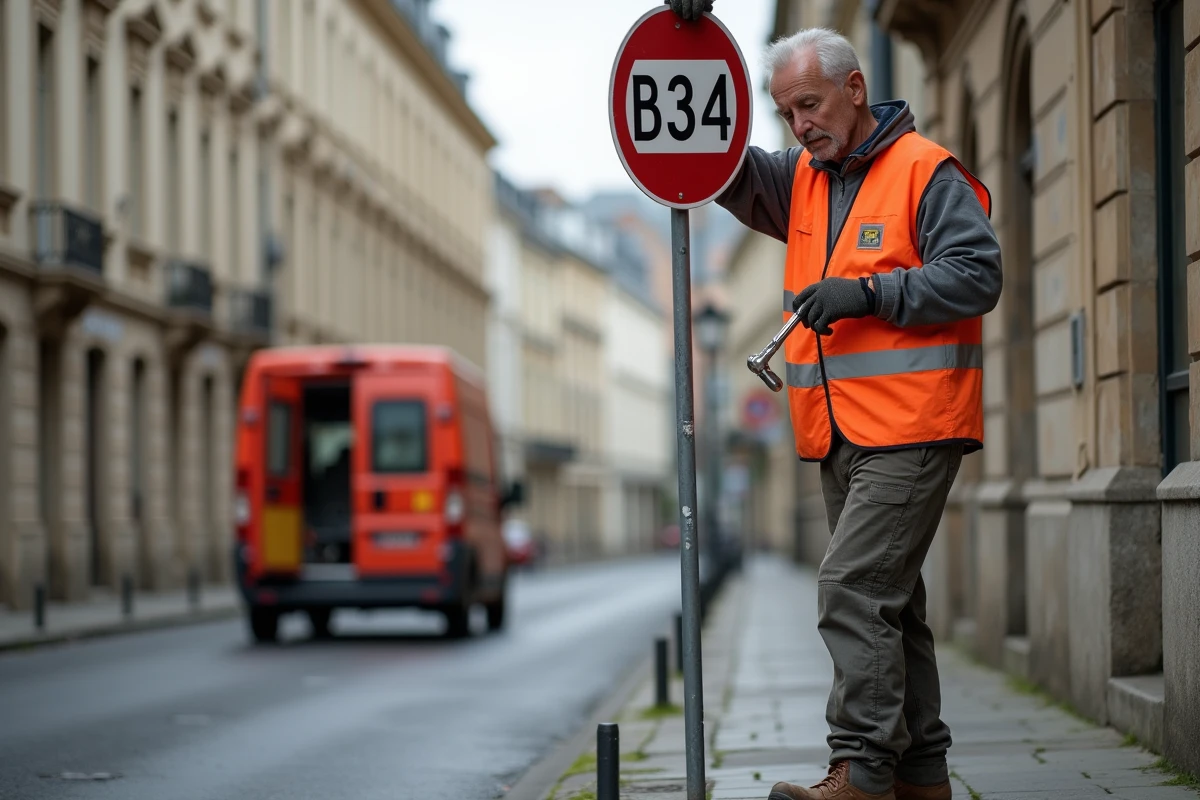 Agent municipal installant un panneau de signalisation B34 sur un poteau en centre-ville français