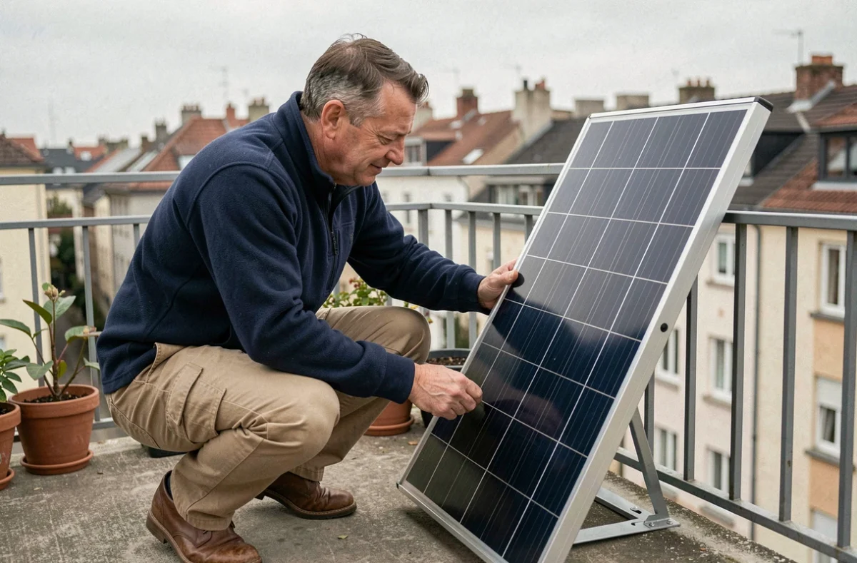 Homme installant un petit panneau solaire sur le balcon d'un appartement en ville