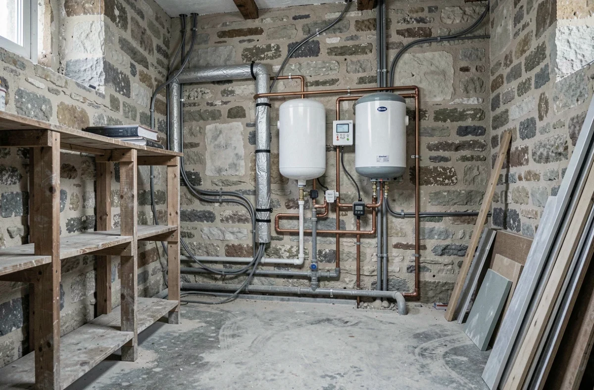 Installation intérieure d'une pompe à chaleur air-eau dans une ancienne maison en pierre