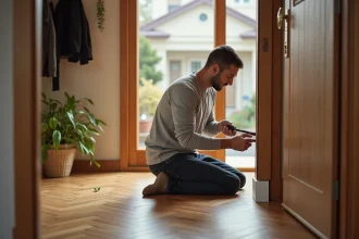 Homme installant une stopte à la base d'une porte d'entrée dans un couloir de maison individuelle