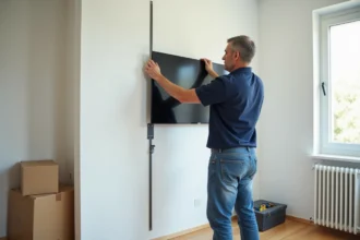 Homme posant un support TV sur un mur blanc dans un salon moderne