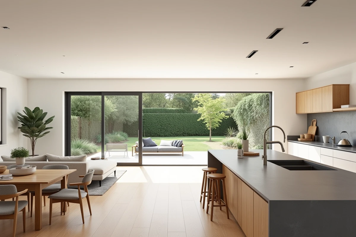 Intérieur lumineux d'une maison de plain pied avec séjour et cuisine ouverte, sol en bois clair et baies vitrées