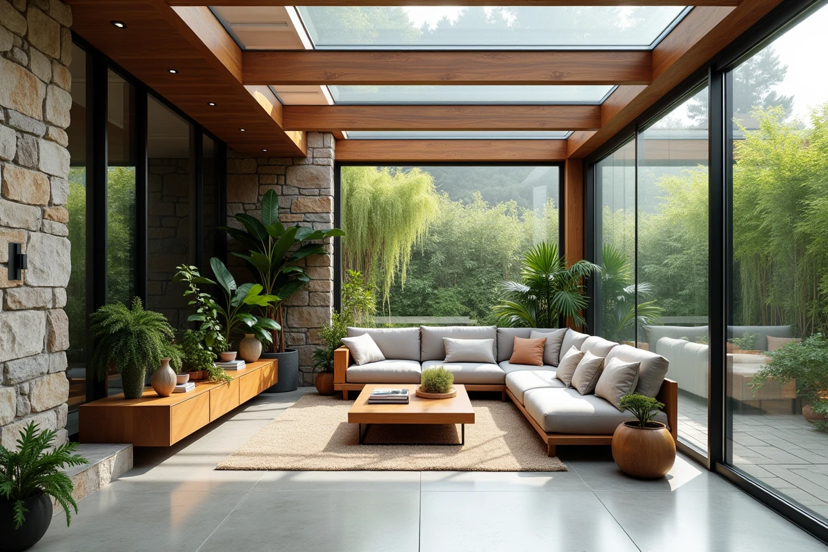 Intérieur d'une véranda habitable aménagée en salon avec canapé, plantes et sol en béton ciré