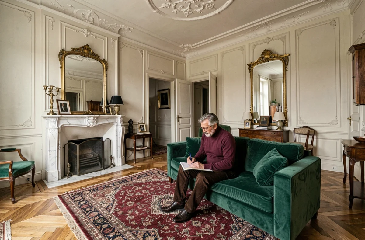 Décorateur d'Intramuros dans un salon haussmannien rénové avec sofa en velours émeraude et parquet chevron à Périgueux