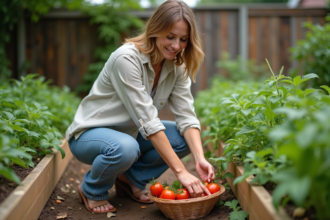 Femme récoltant des tomates dans un jardin potager