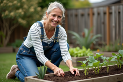 Femme en salopette plantant des jeunes légumes dans un jardin