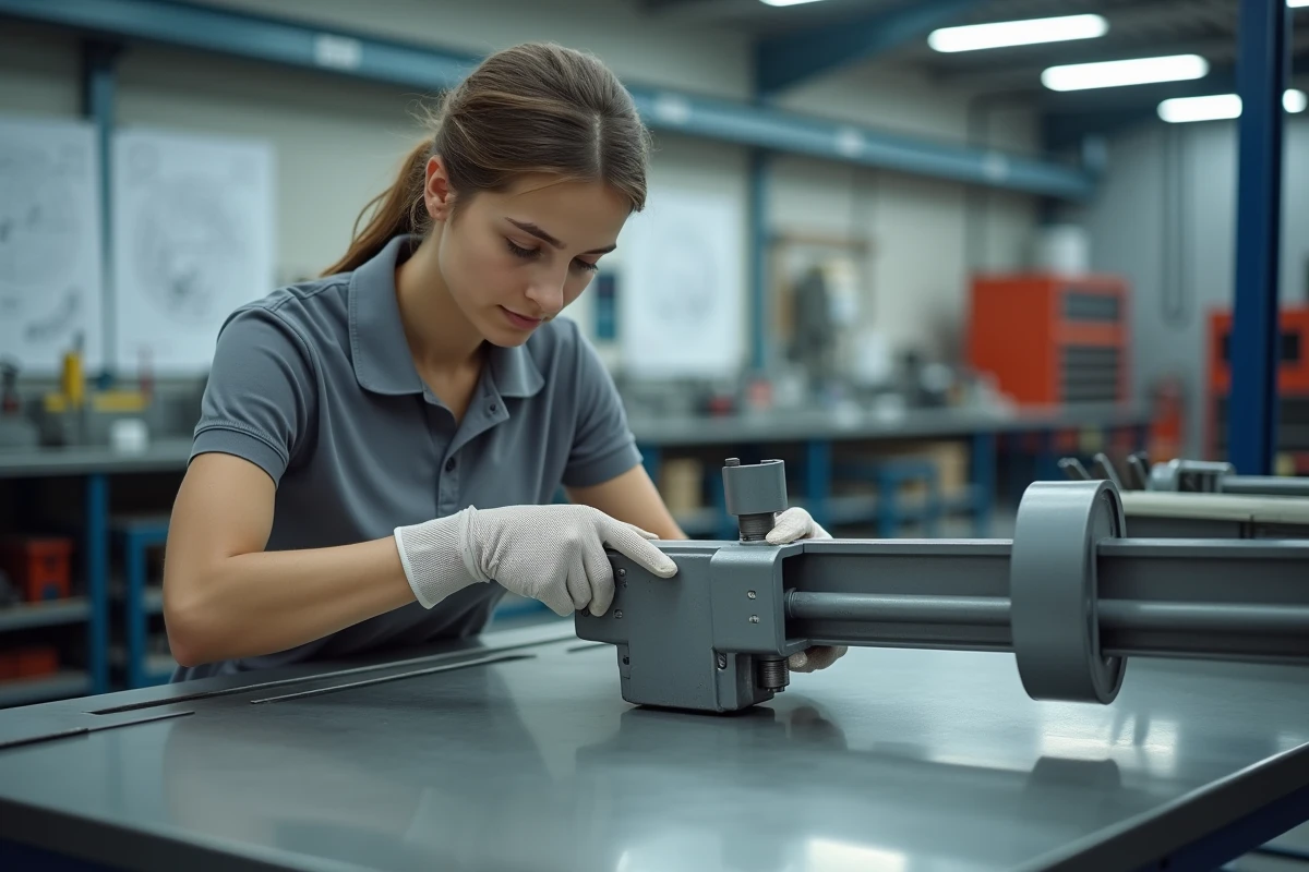 Jeune ingénieure fixant une pièce en plastique sur une poutre métallique