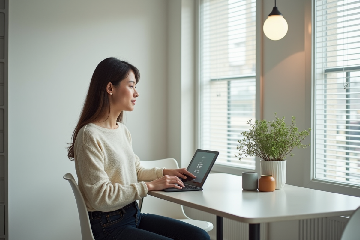 Jeune femme contrôlant des volets via une tablette dans un appartement