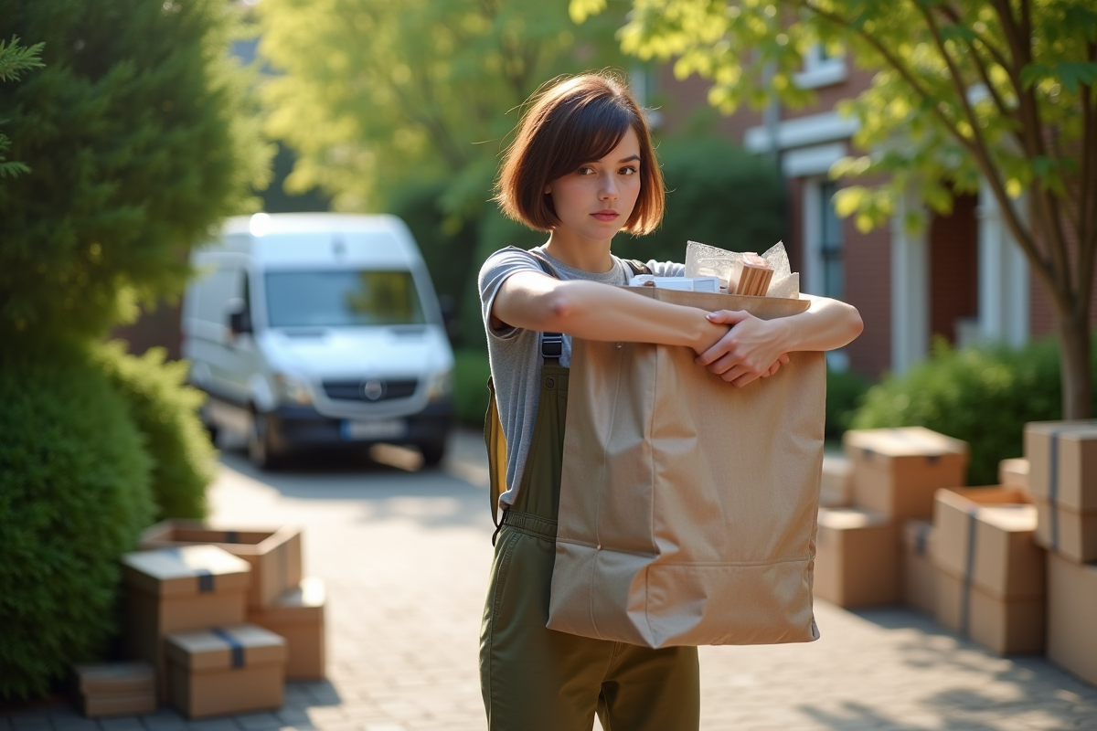 Jeune femme demenageuse portant un sac de courses dans la rue