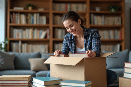 Jeune femme emballant des livres dans un salon chaleureux