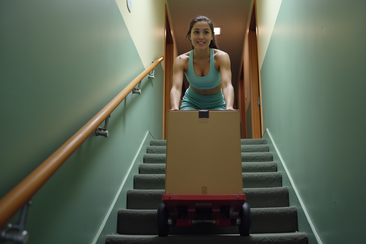Jeune femme en sport portant une boîte dans un escalier d