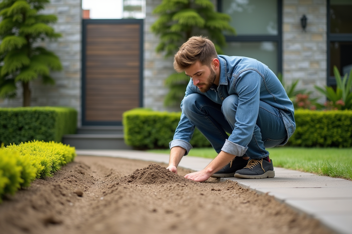Jeune homme inspectant la terre dans une allée urbaine