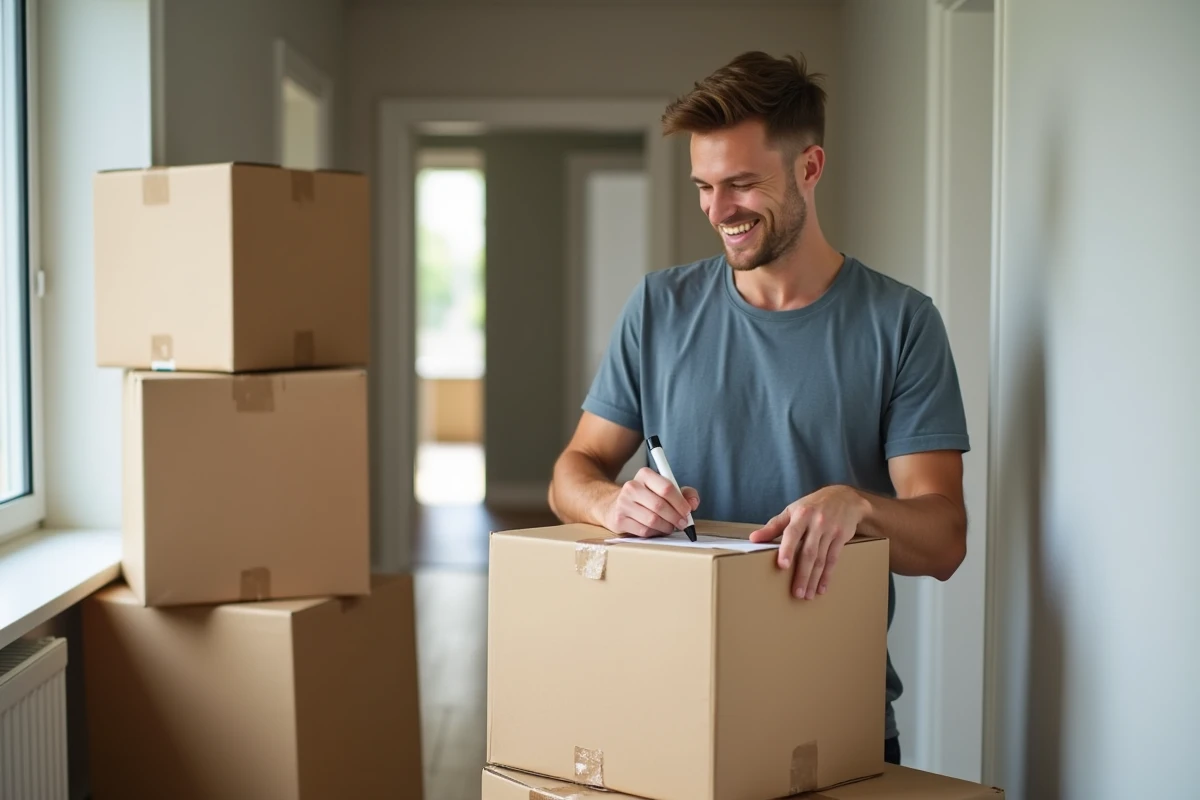 Jeune homme étiquette un carton dans un couloir organisé