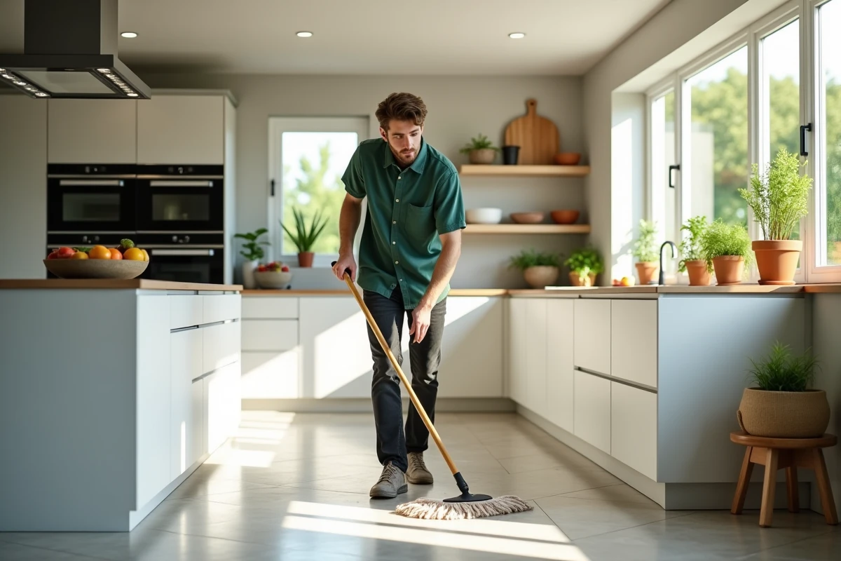 Jeune homme nettoyant le sol dans une cuisine lumineuse
