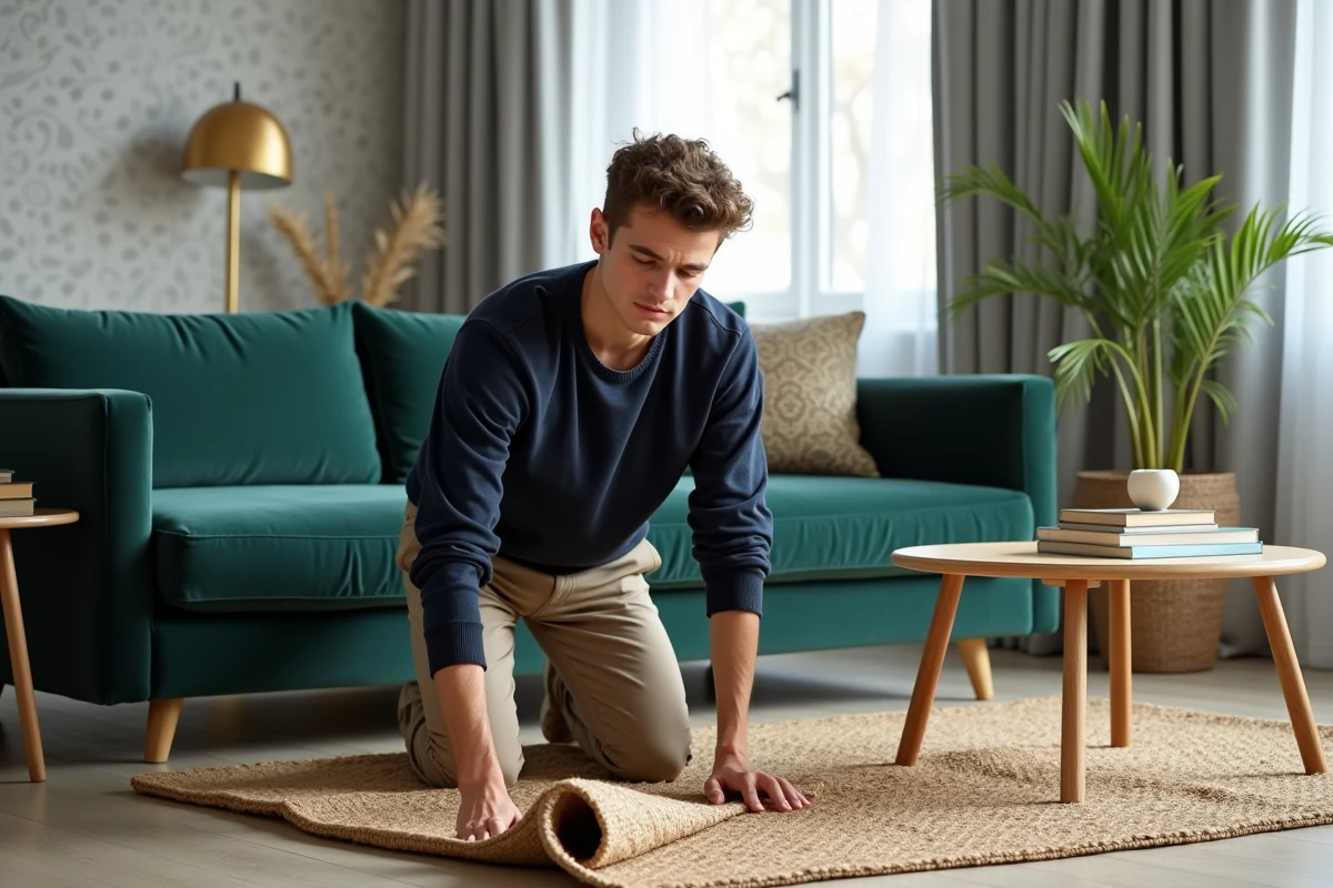 Jeune homme ajuste un tapis en jute dans un salon moderne