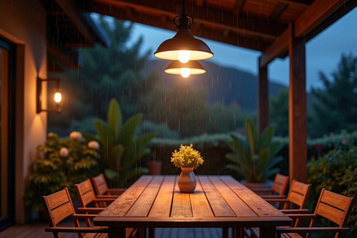 Applique IP44 éclairant un patio extérieur au crépuscule sous la pluie