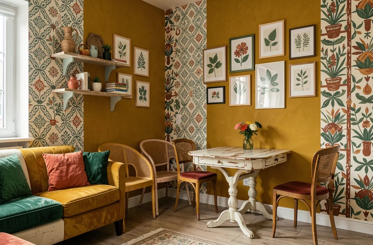 Appartement à Seclin décoré avec mur jaune moutarde, mobilier chiné et galerie de cadres botaniques