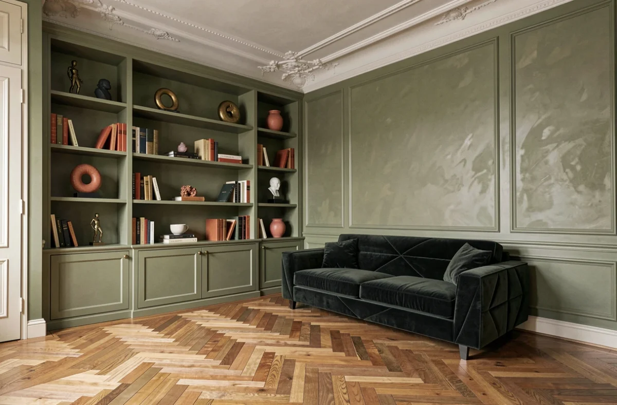Appartement haussmannien à Lille décoré avec étagères sur mesure, canapé en velours et parquet en bois