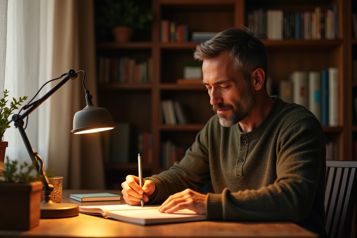Homme travaillant à domicile sous une lumière blanche chaude avec lampe de bureau ambrée pour favoriser la concentration