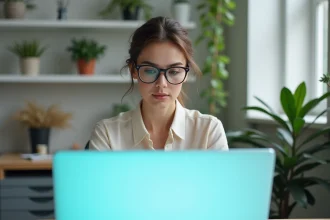 Femme concentrée au bureau devant un écran avec lumière blanche froide favorisant la concentration au travail