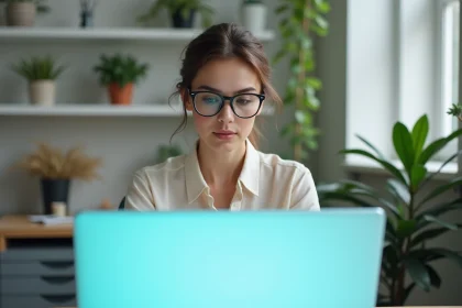 Femme concentrée au bureau devant un écran avec lumière blanche froide favorisant la concentration au travail