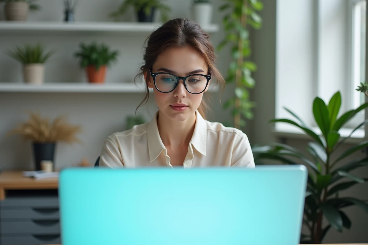 Femme concentrée au bureau devant un écran avec lumière blanche froide favorisant la concentration au travail