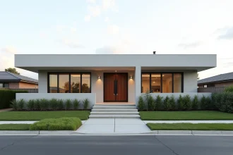 Façade d'une maison de plain pied moderne avec 4 chambres, vue extérieure trois quarts depuis la rue