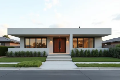 Façade d'une maison de plain pied moderne avec 4 chambres, vue extérieure trois quarts depuis la rue