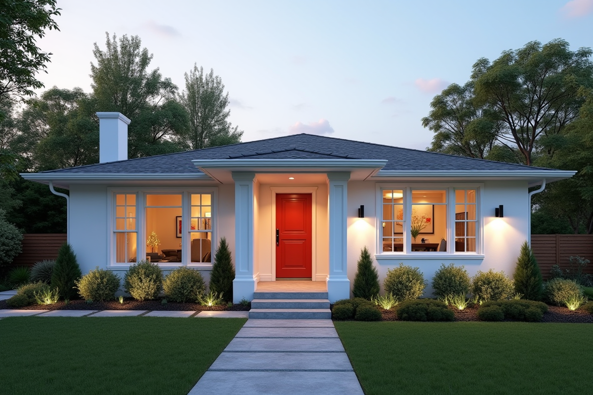 Maison ranch blanche avec porte colorée et éclairage extérieur