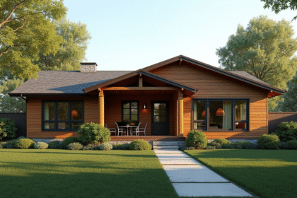 Maison ranch rénovée avec nouvelle façade en bois et grandes fenêtres
