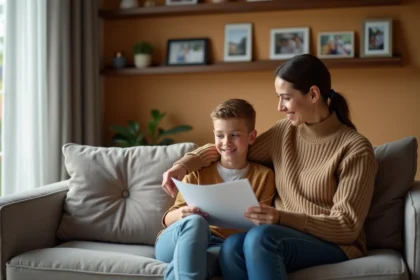 Femme et adolescente assises sur un canapé dans un salon chaleureux