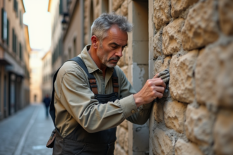 Maçon en pleine réparation d'une façade en pierre ancienne