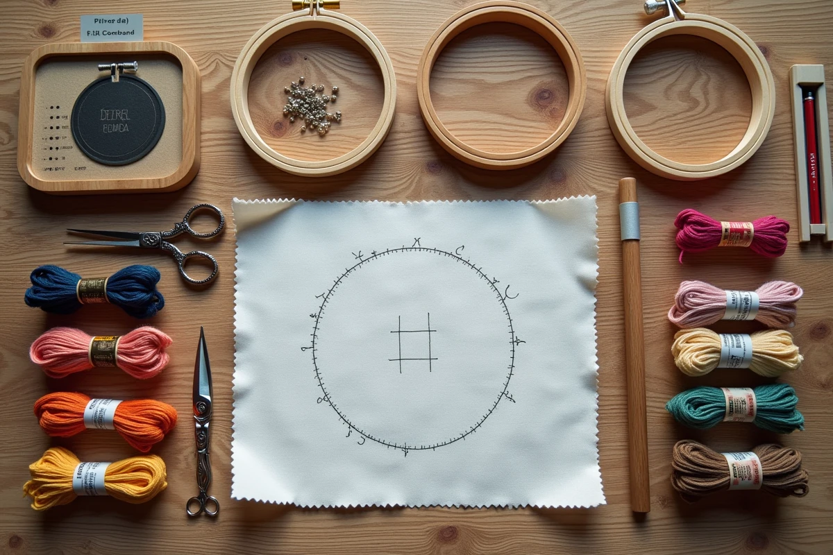 Vue du dessus de matériel de broderie au détail disposé à plat sur une table en chêne