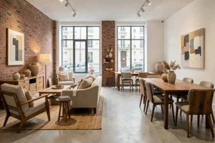Showroom de décoration intérieure dans les Hauts-de-France avec mobilier contemporain et murs en briques