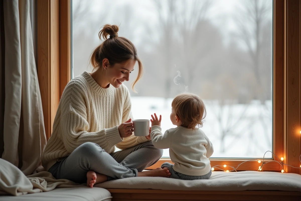 Mère et enfant dans un intérieur hygge, assise sur un banc de fenêtre avec une tasse chaude et des guirlandes lumineuses, atmosphère familiale cocooning