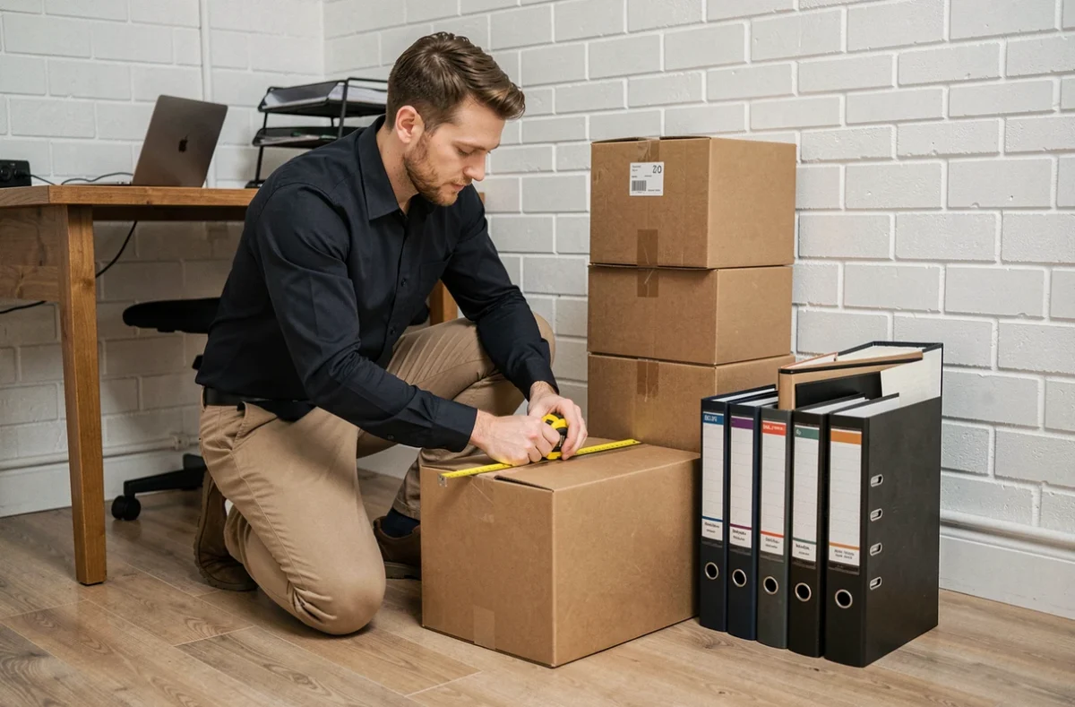 Homme mesurant un carton d'archives avec un mètre ruban en le comparant à des classeurs dans un bureau à domicile