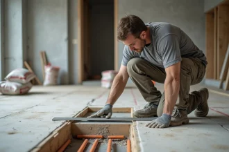Ouvrier mesurant l'épaisseur d'une chape sur un plancher chauffant avec un isolant visible en coupe