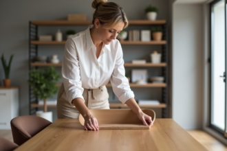 Femme mesurant la hauteur d'une chaise de salle à manger moderne