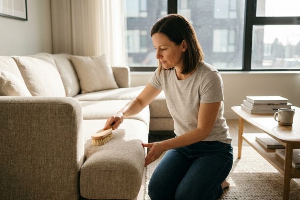 Femme nettoyant elle-même son canapé en tissu beige avec une brosse douce dans un salon moderne