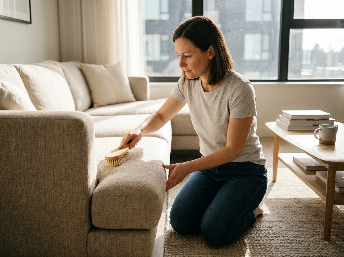Femme nettoyant elle-même son canapé en tissu beige avec une brosse douce dans un salon moderne