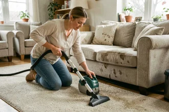Femme utilisant une shampouineuse sur une moquette beige près d'un canapé en tissu dans un salon domestique