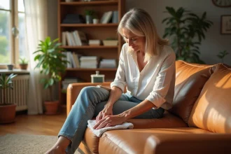 Femme moyenne âge nettoyant un canapé en cuir beige