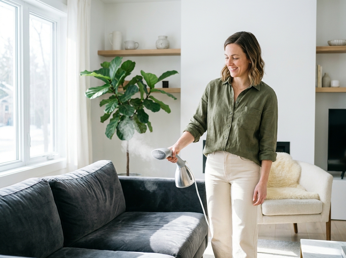 Femme utilisant un nettoyeur vapeur sur un canapé en velours gris dans un salon de style scandinave