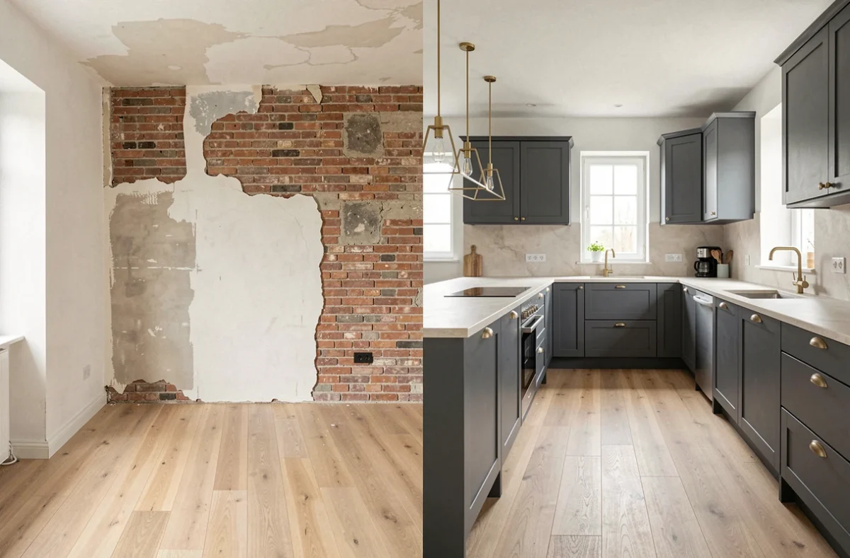Rénovation d'une maison près de Hénin-sur-Cojeul montrant la cuisine avant-après avec briques apparentes et cuisine anthracite