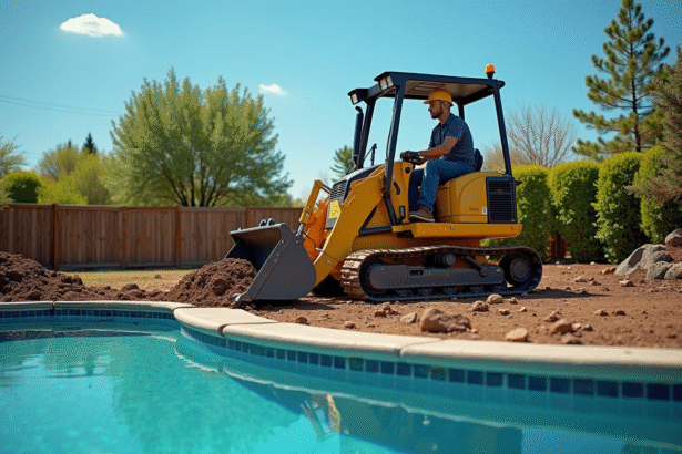 Ouvrier de construction remplissant une piscine avec de la terre sous un ciel bleu
