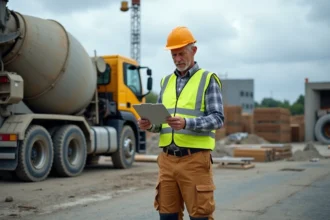 Ouvrier de construction avec camion malaxeur sur site