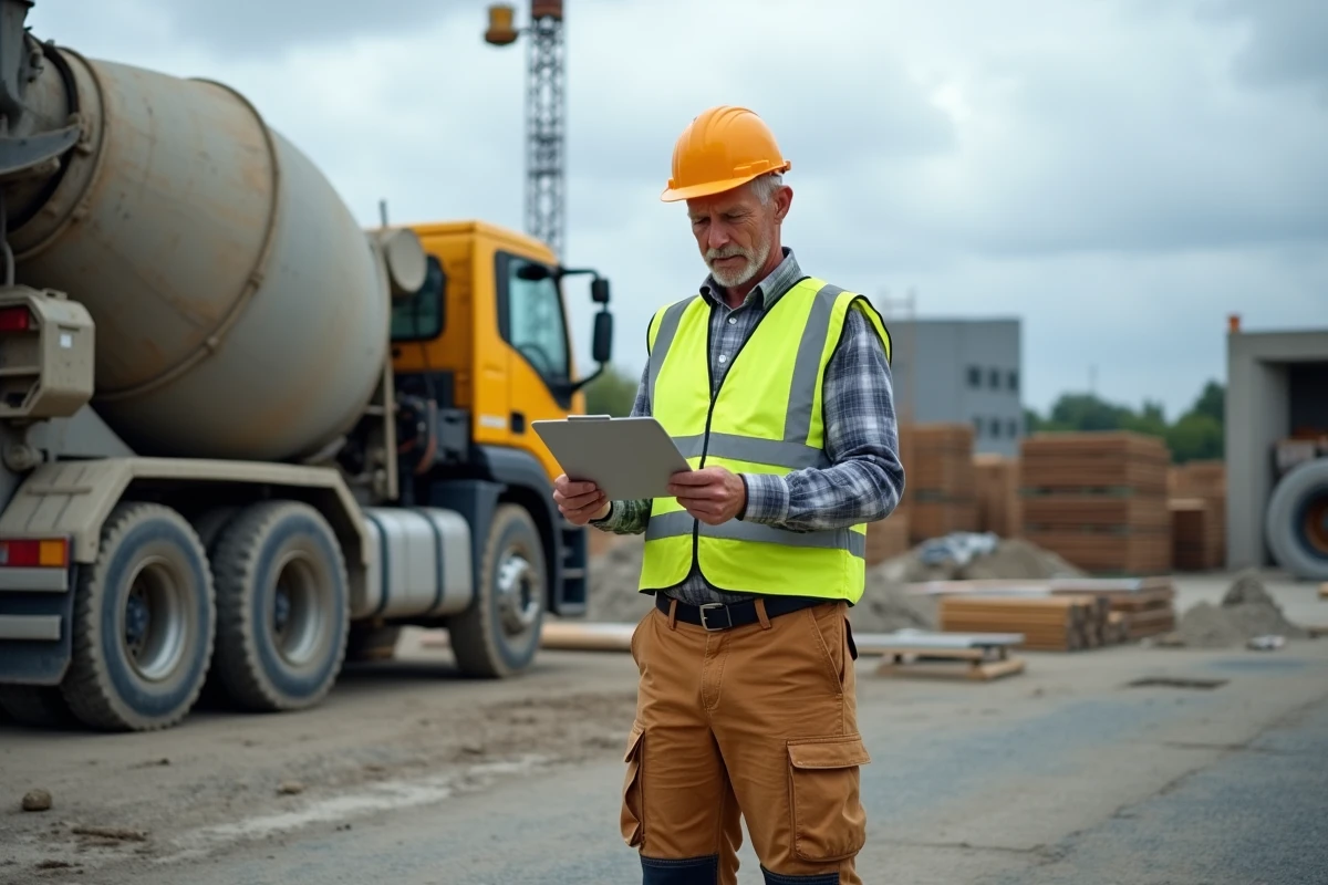 Ouvrier de construction avec camion malaxeur sur site
