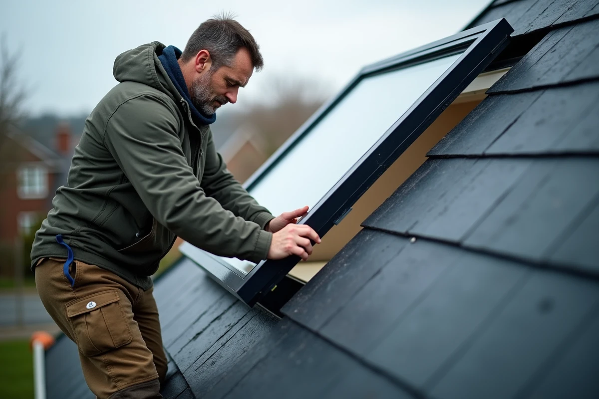 Ouvrier posant une fenetre de toit sur un toit en ardoise