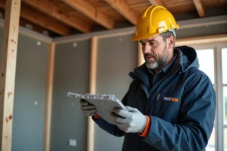 Ouvrier construction examinant isolation triso noir