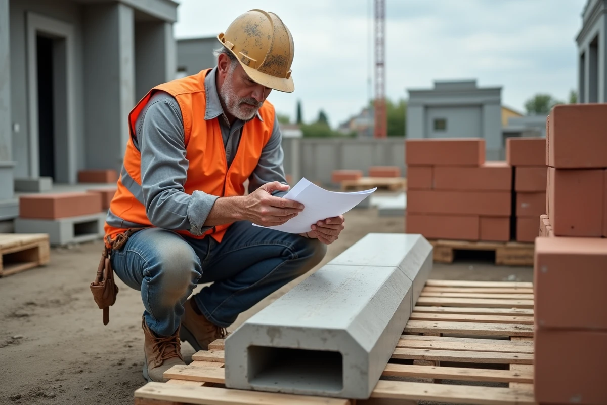 Ouvrier sur chantier examinant une poutrelle béton et un devis de prix régional